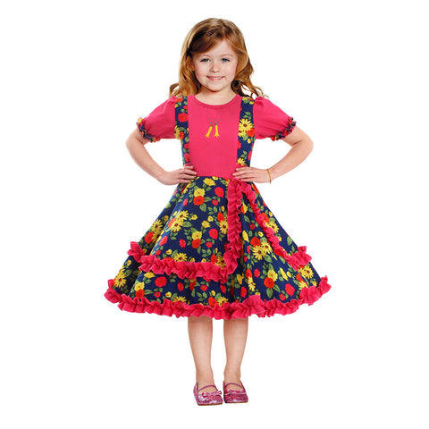 Vestido Huasa Chinita Floreado Fucsia/Azul