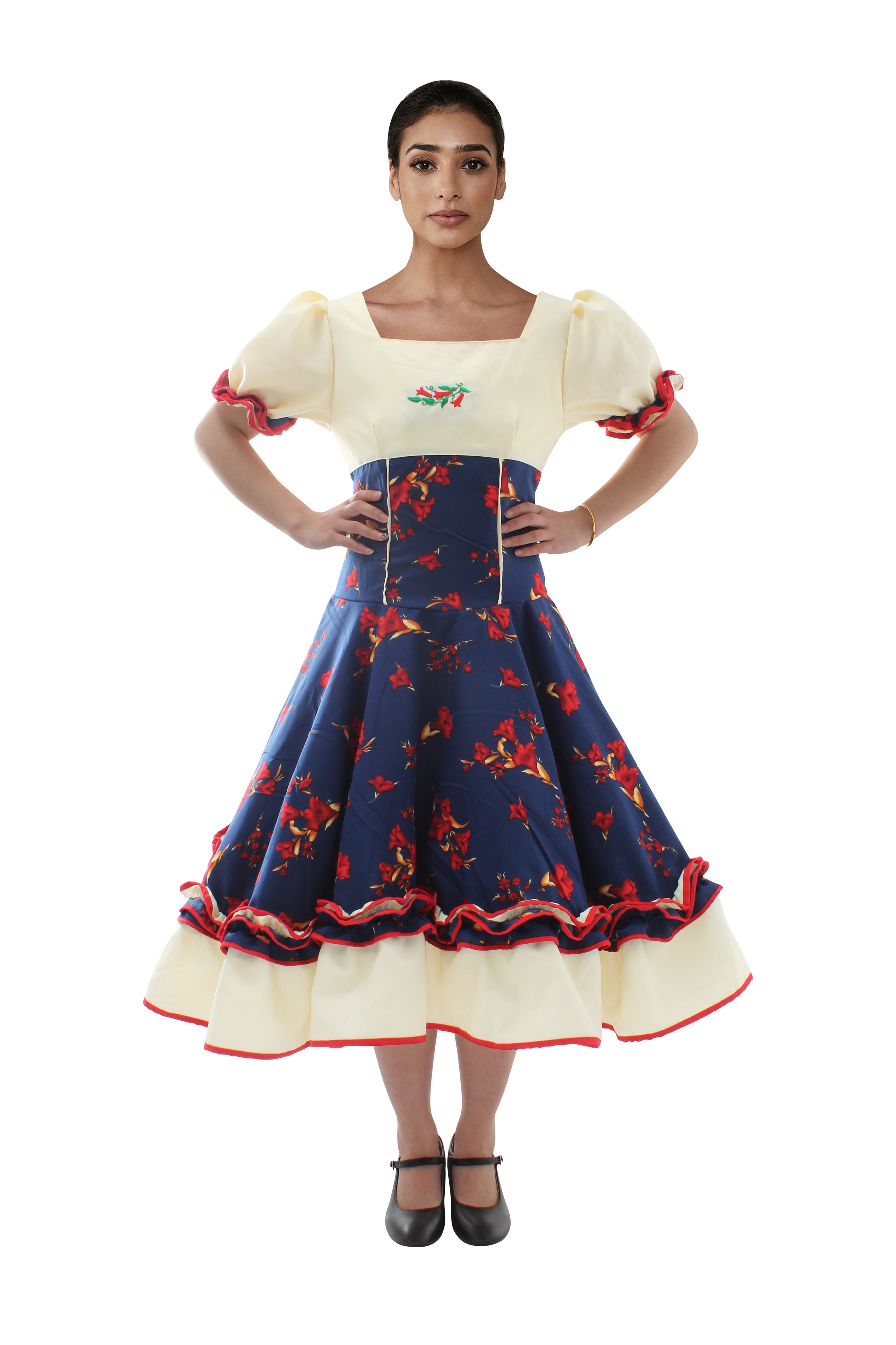 Vestido Comp Huasa Chinita Floreado Azul/Blanco