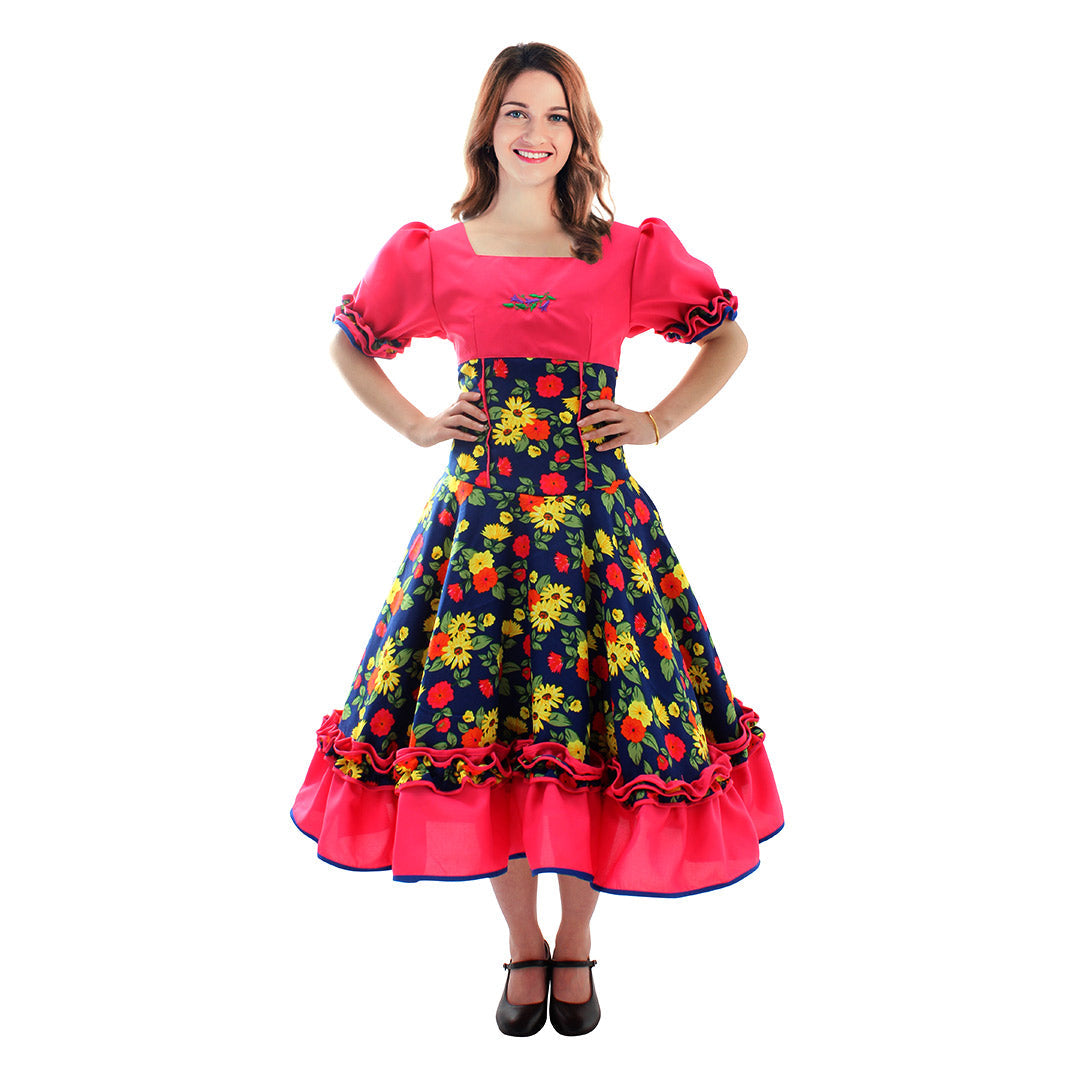 Vestido Comp Huasa Chinita Floreado Fucsia/Azul