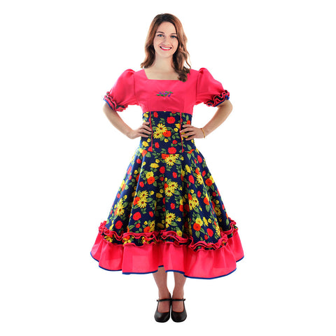 Vestido Comp Huasa Chinita Floreado Fucsia/Azul