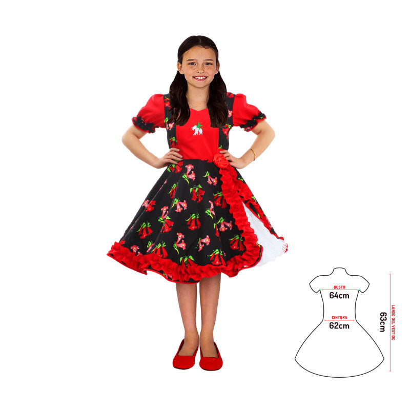 Vestido Huasa Chinita Copihue Rojo/Negro