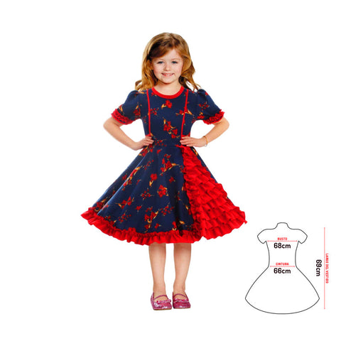 Vestido Huasa Chinita Floreado Azul/Fucsia